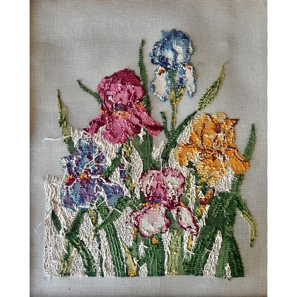Hand-Stitched Needlepoint Iris Floral Canvas Art Unfinished w/ Materials & Bars - Picture 11 of 16